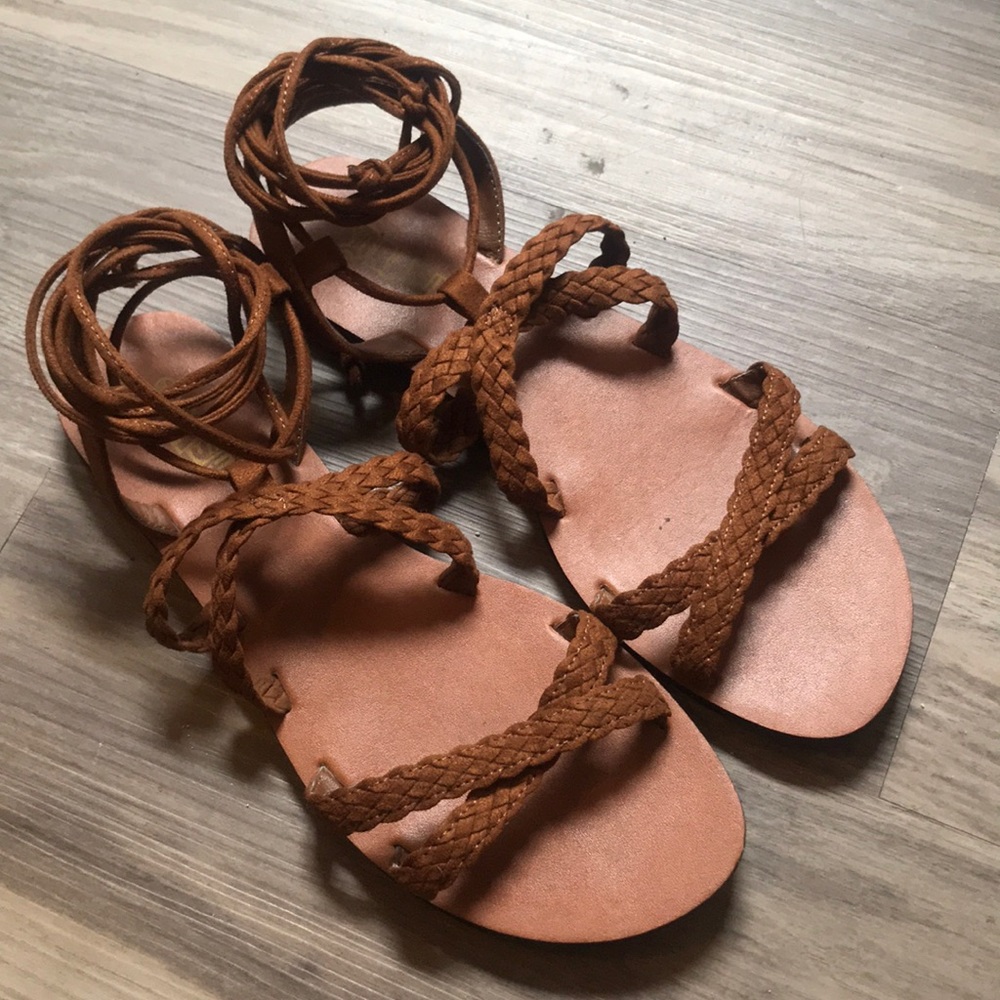 Brash Sandals Brown Two Strap Braid Detail Lace Up